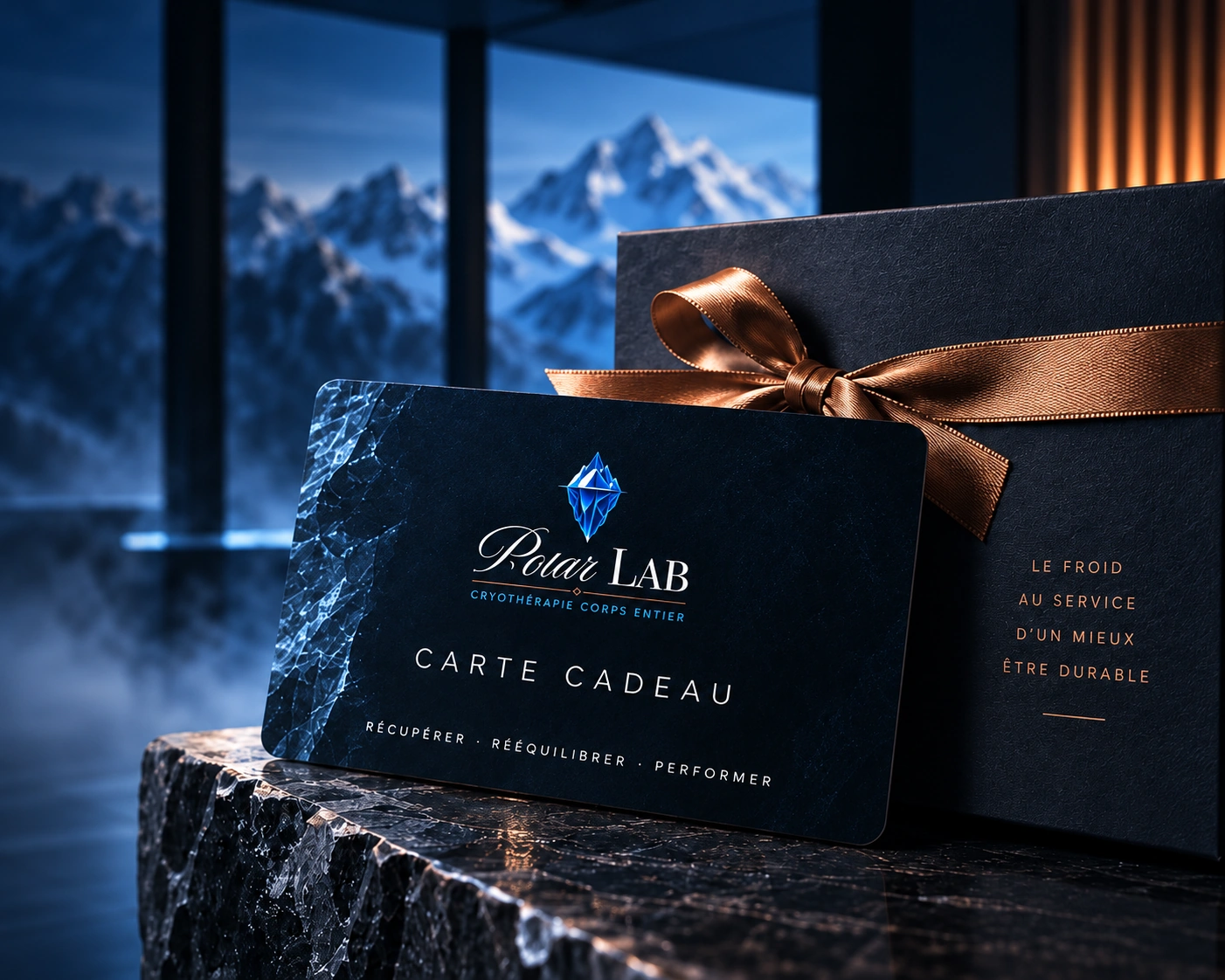 Carte cadeau Polar Lab bleu nuit devant un coffret orné d’un ruban cuivre, dans un décor de glace.